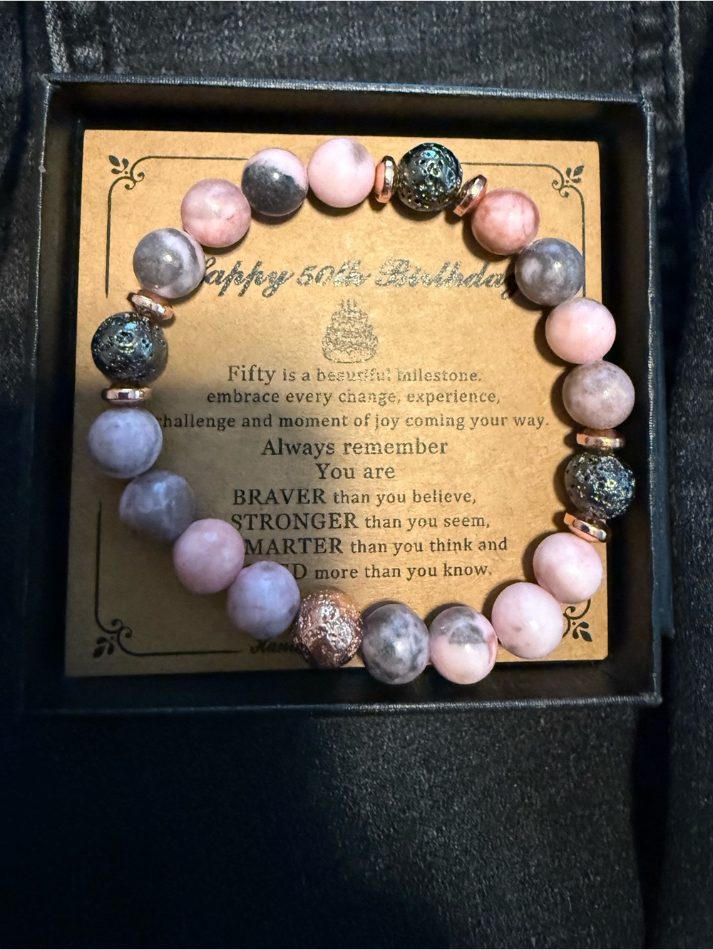 Pink and Gray Beaded Stretch Bracelet with Rose Gold Accents. 50th Birthday